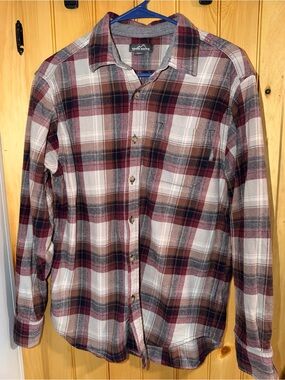 Eddie Bauer Men's Plaid Button-Up Shirt - Burgundy, Brown, Blue & White- Size L